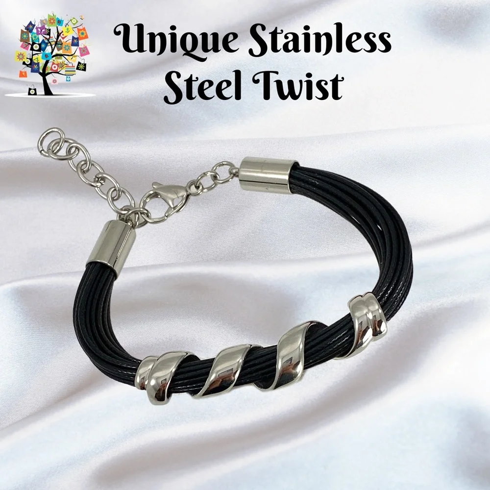 Stainless Steel Twist on Black Band - Picture 1 of 4